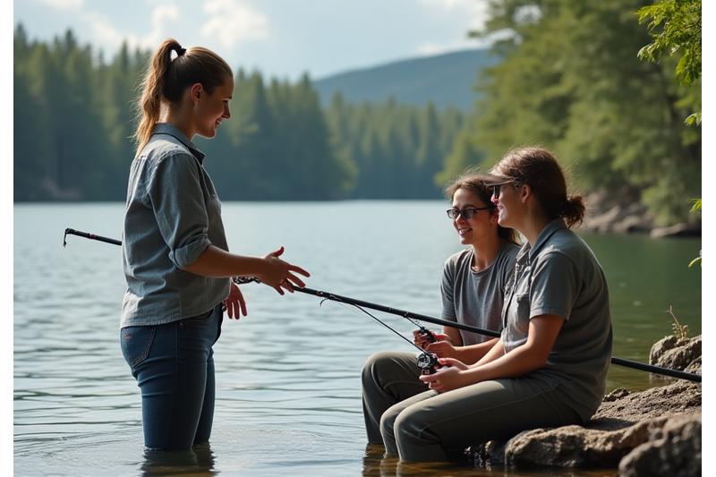 Group of women learning fishing techniques from a female instructor by a lake