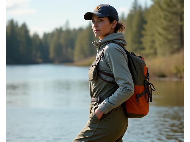 Woman wearing comfortable, quick-dry fishing apparel and waders fit for a female body type