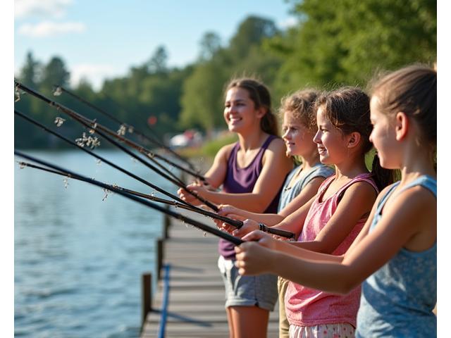 Group of young girls learning to cast at a fishing camp with female instructors