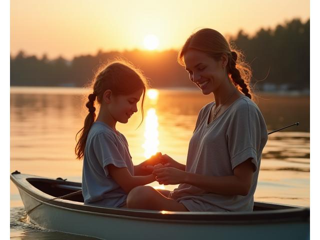 Mother and daughter fishing together from a boat on a calm lake