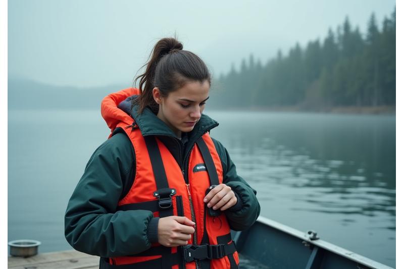 Female angler confidently checking her safety equipment before heading out on a solo fishing trip